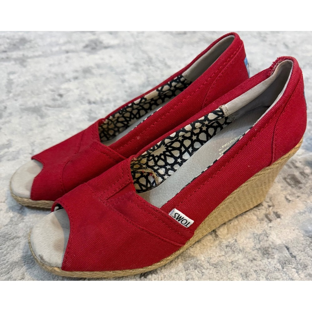 TOMS Womens Red Canvas Peep Toe Espadrille Wedge Sandals Size 7.5